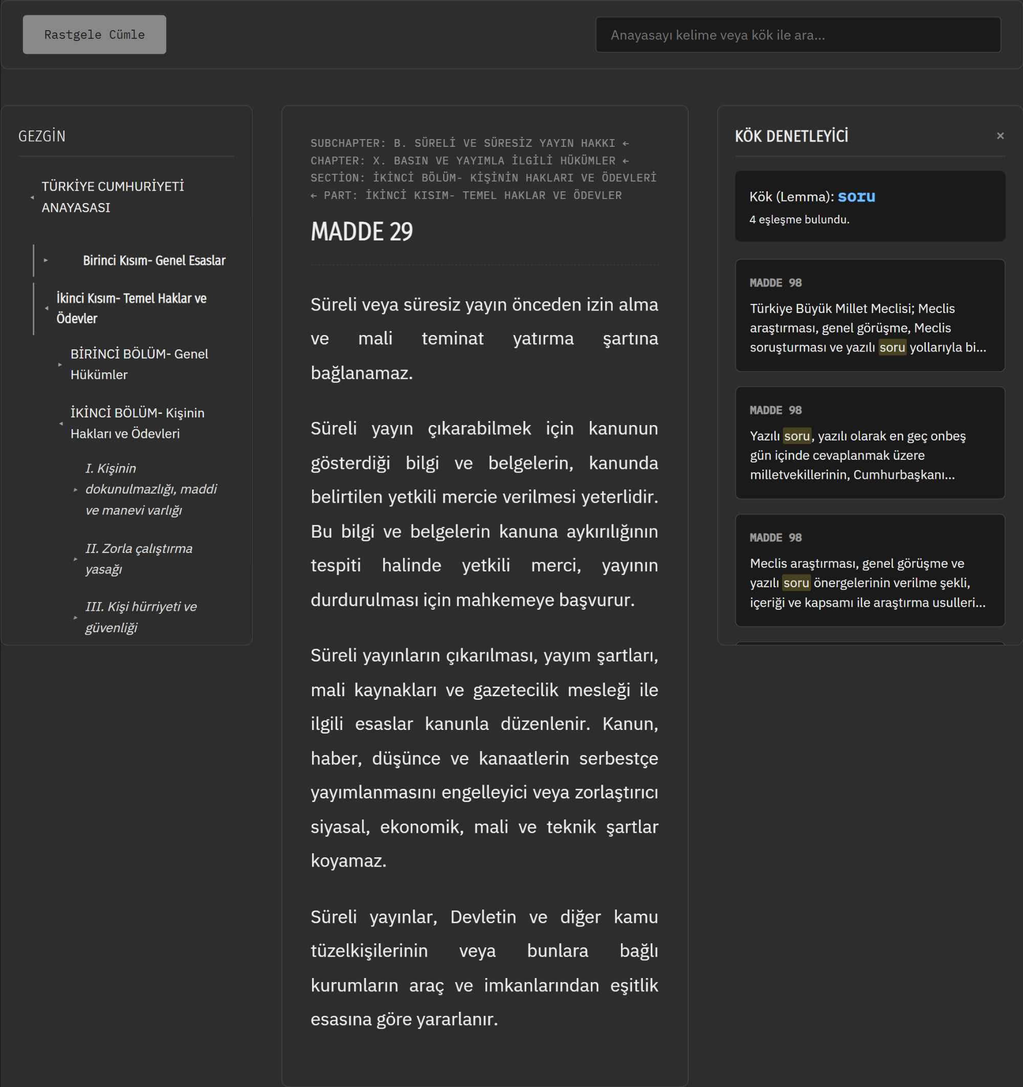 Turkish Constitution Lemmatizer - Interactive Web Installation